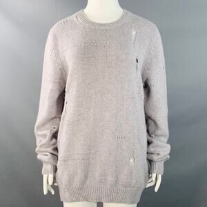 Size L Light Grey Wool Yak Cashmere Knit Distressed Crew Neck Sweater